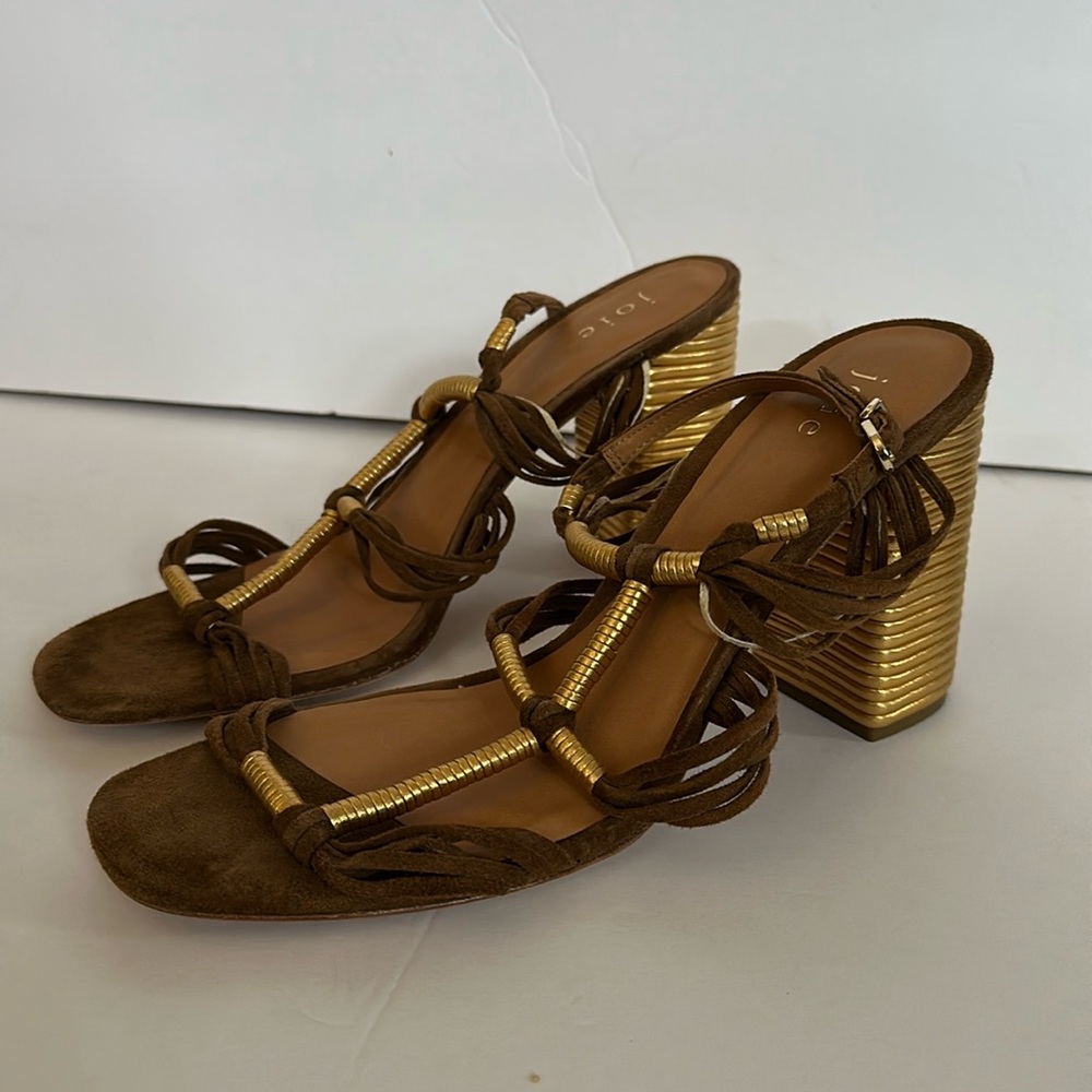 Joie mocha brown suede and gold block heel sandals